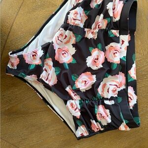 High-Waist Floral Bikini Bottoms - Black with Pink Roses